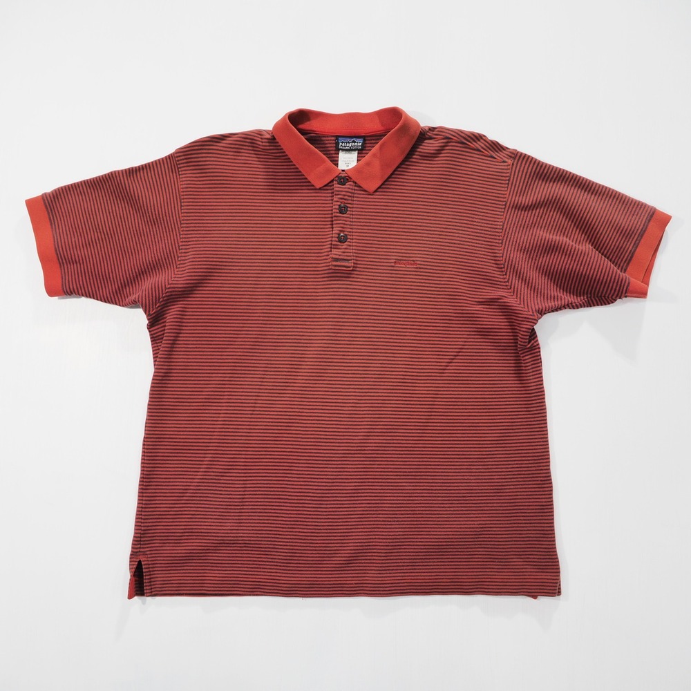Patagonia Polo Shirt Mens Medium Red Gray Striped Short Sleeve Pique Organic